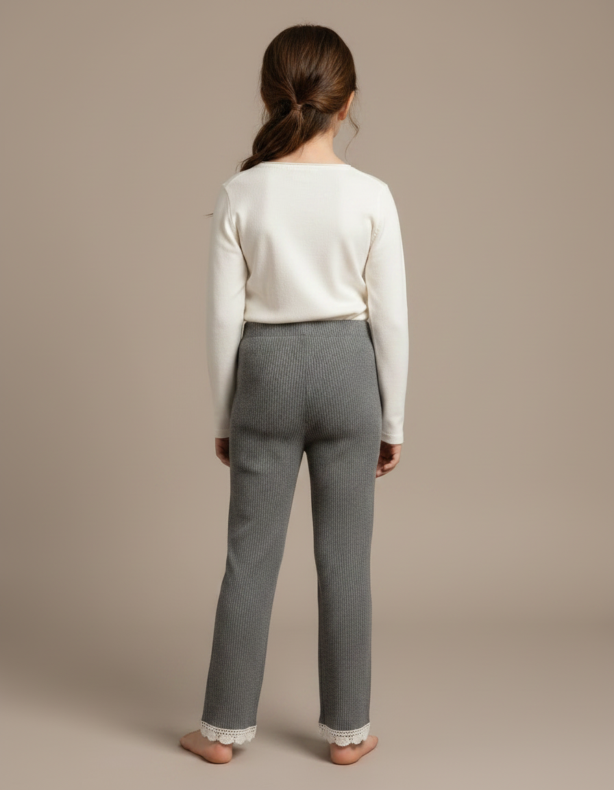 Pantalon Gris Côtelé Dentelle Enfant Fille Doux - Maille - vue 2