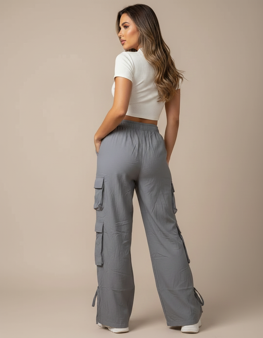 Pantalon Gris Cargo Ample Femme Décontracté - Toile - vue 2