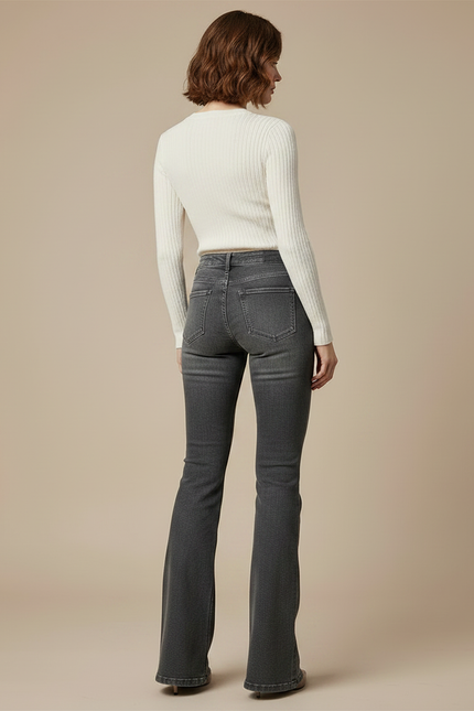 Pantalon Gris Évasé Taille Haute Délavé Femme - Jean - vue 2