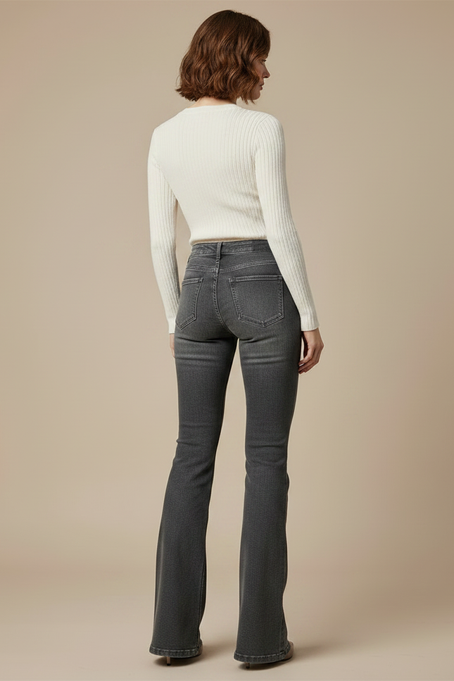 Pantalon Gris Évasé Taille Haute Délavé Femme - Jean - vue 2