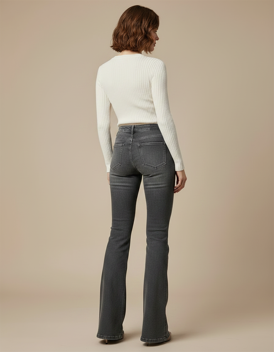 Pantalon Gris Évasé Taille Haute Délavé Femme - Jean - vue 2