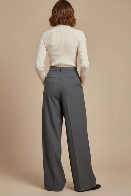 Pantalon Gris Ample Plissé Fluide Élégant - Laine - vue 2