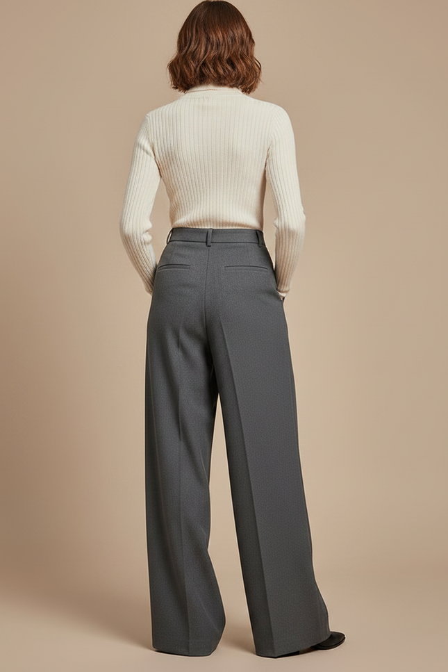 Pantalon Gris Ample Plissé Fluide Élégant - Laine - vue 2