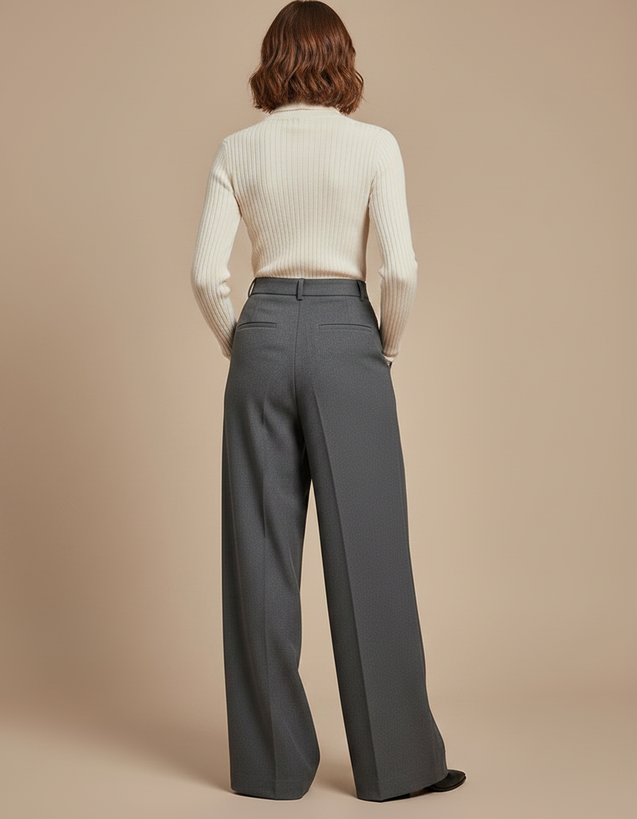 Pantalon Gris Ample Plissé Fluide Élégant - Laine - vue 2