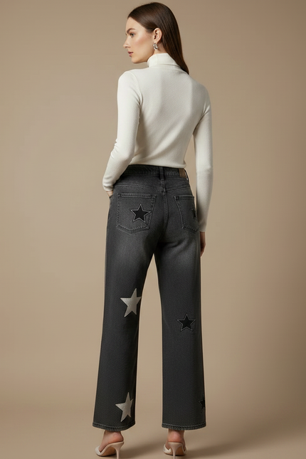 Pantalon Gris Jeans Étoiles Ample Taille Haute Femme - vue 2