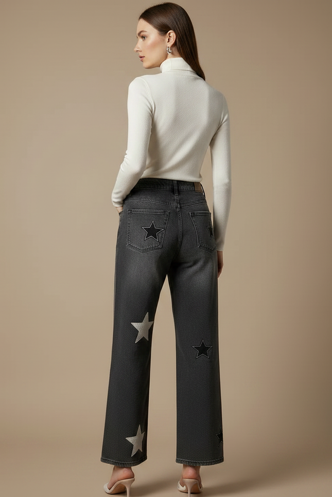Pantalon Gris Jeans Étoiles Ample Taille Haute Femme - vue 2