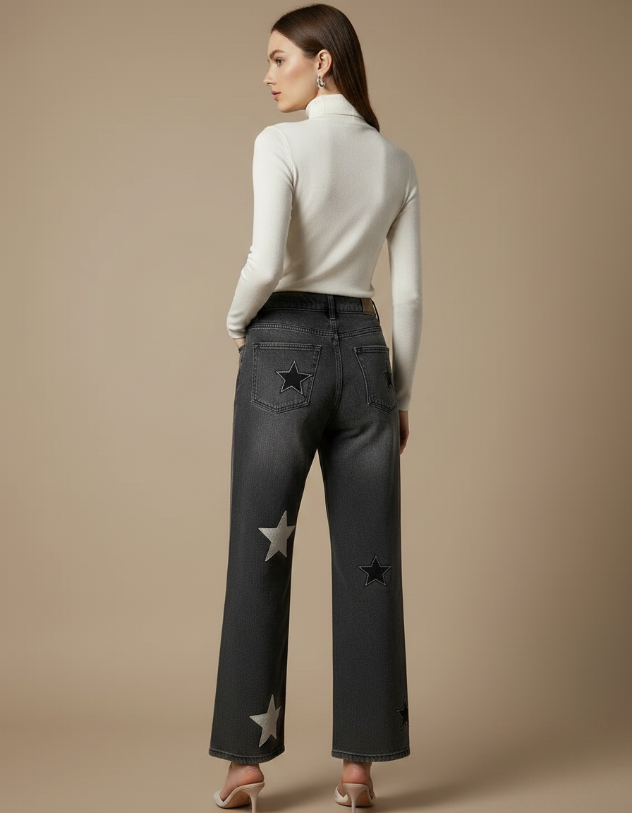 Pantalon Gris Jeans Étoiles Ample Taille Haute Femme - vue 2