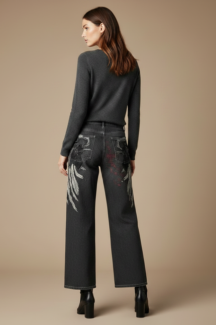 Pantalon Gris Large Imprimé Ailes Vintage Décontracté - Jean - vue 2