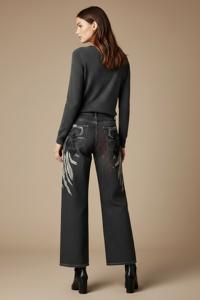 Pantalon Gris Large Imprimé Ailes Vintage Décontracté - Jean - vue 2