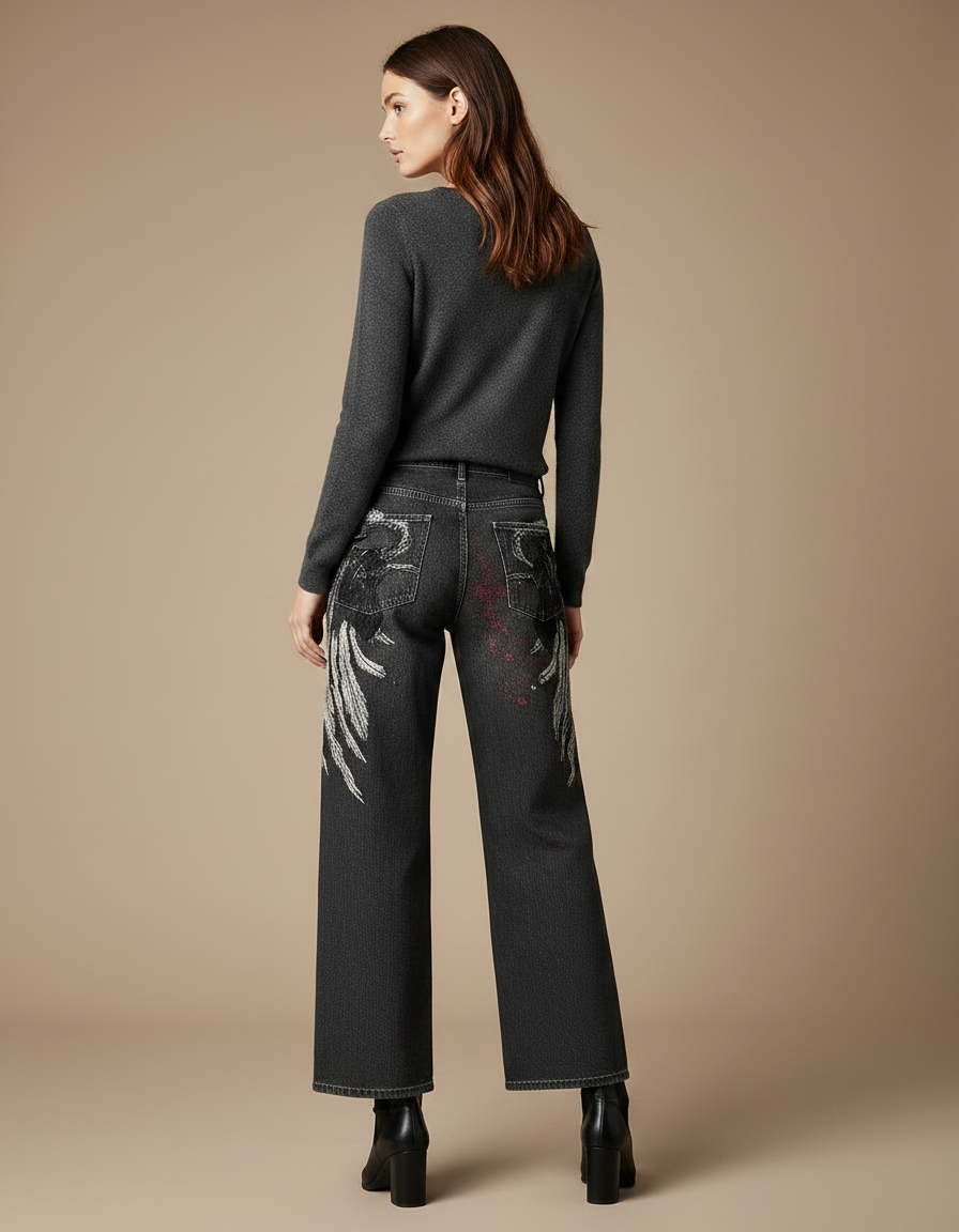 Pantalon Gris Large Imprimé Ailes Vintage Décontracté - Jean - vue 2