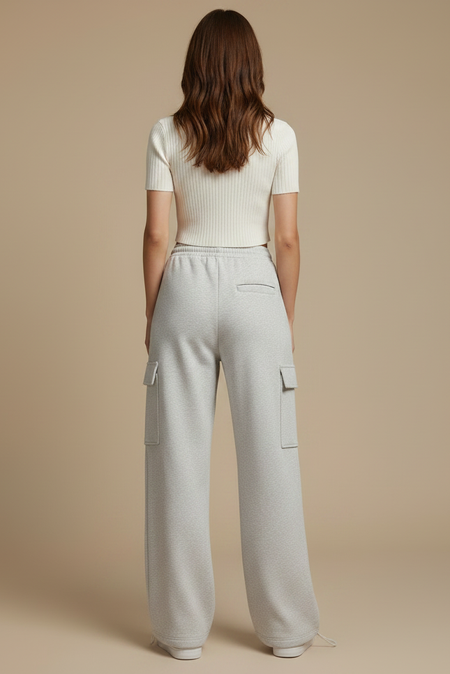Pantalon Gris Molletonné Cargo Décontracté Femme Ample - vue 2