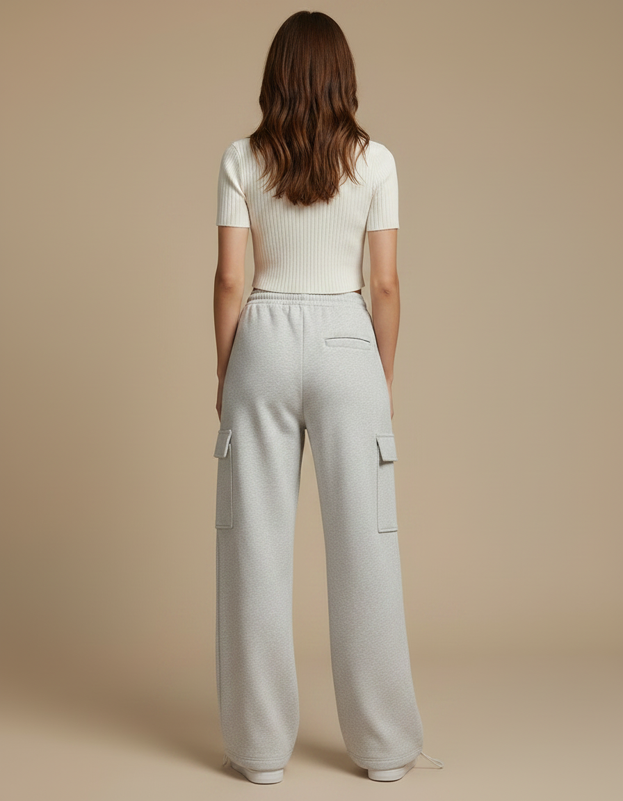 Pantalon Gris Molletonné Cargo Décontracté Femme Ample - vue 2