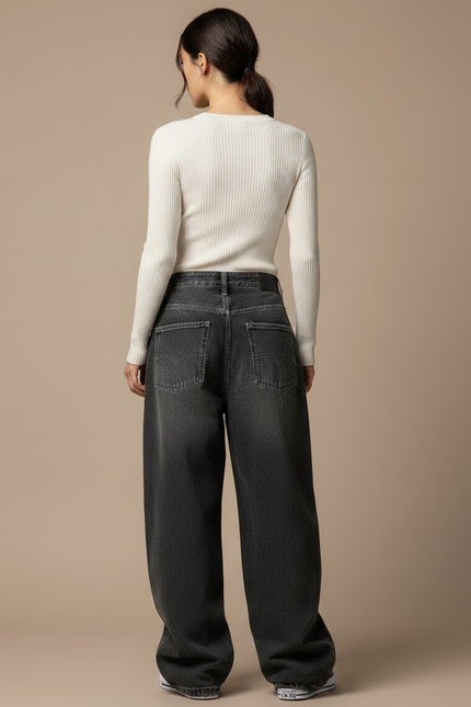 Pantalon Gris Ample Délavé Taille Haute Femme Y2K - Jean - vue 2