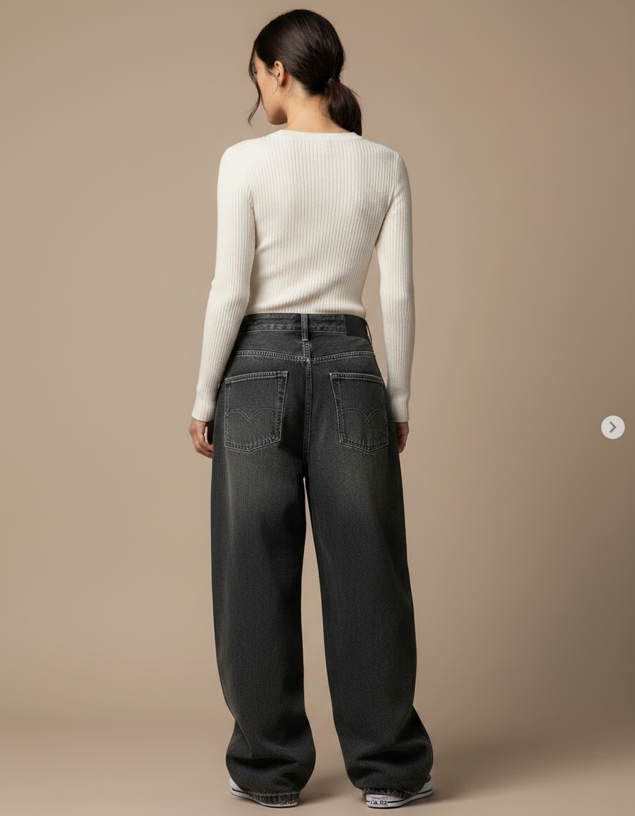 Pantalon Gris Ample Délavé Taille Haute Femme Y2K - Jean - vue 2