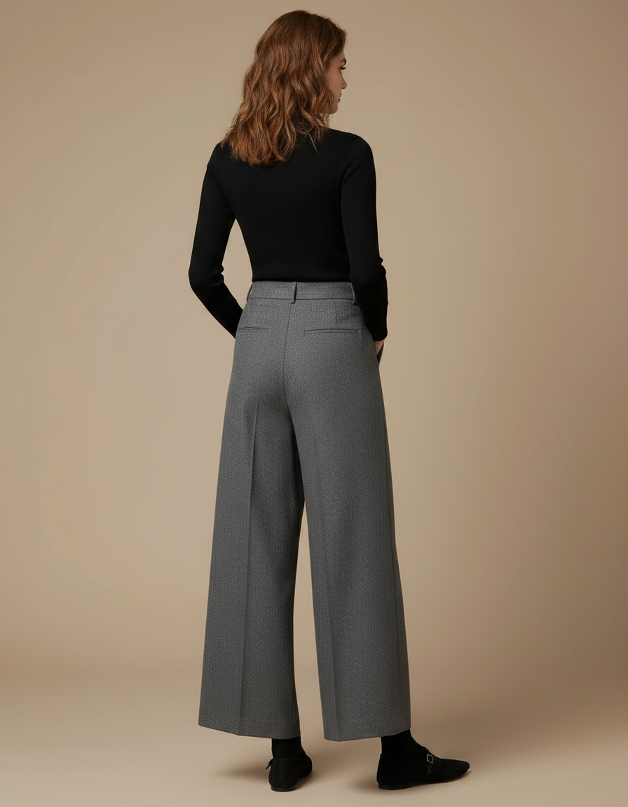 Pantalon Gris Laine Large Plissé Élégant Femme - vue 2