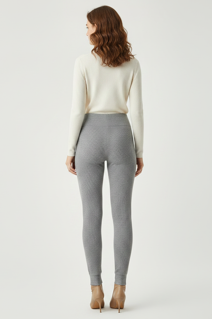 Pantalon Gris Côtelé Élastique Chaud Femme Hiver - Maille - vue 2