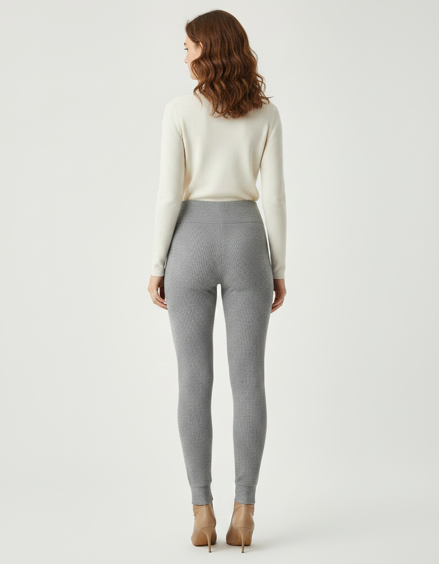 Pantalon Gris Côtelé Élastique Chaud Femme Hiver - Maille - vue 2