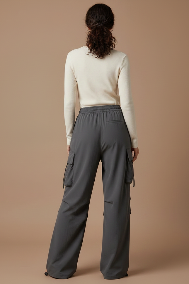 Pantalon Gris Cargo Ample Femme Taille Haute - Polyester - vue 2