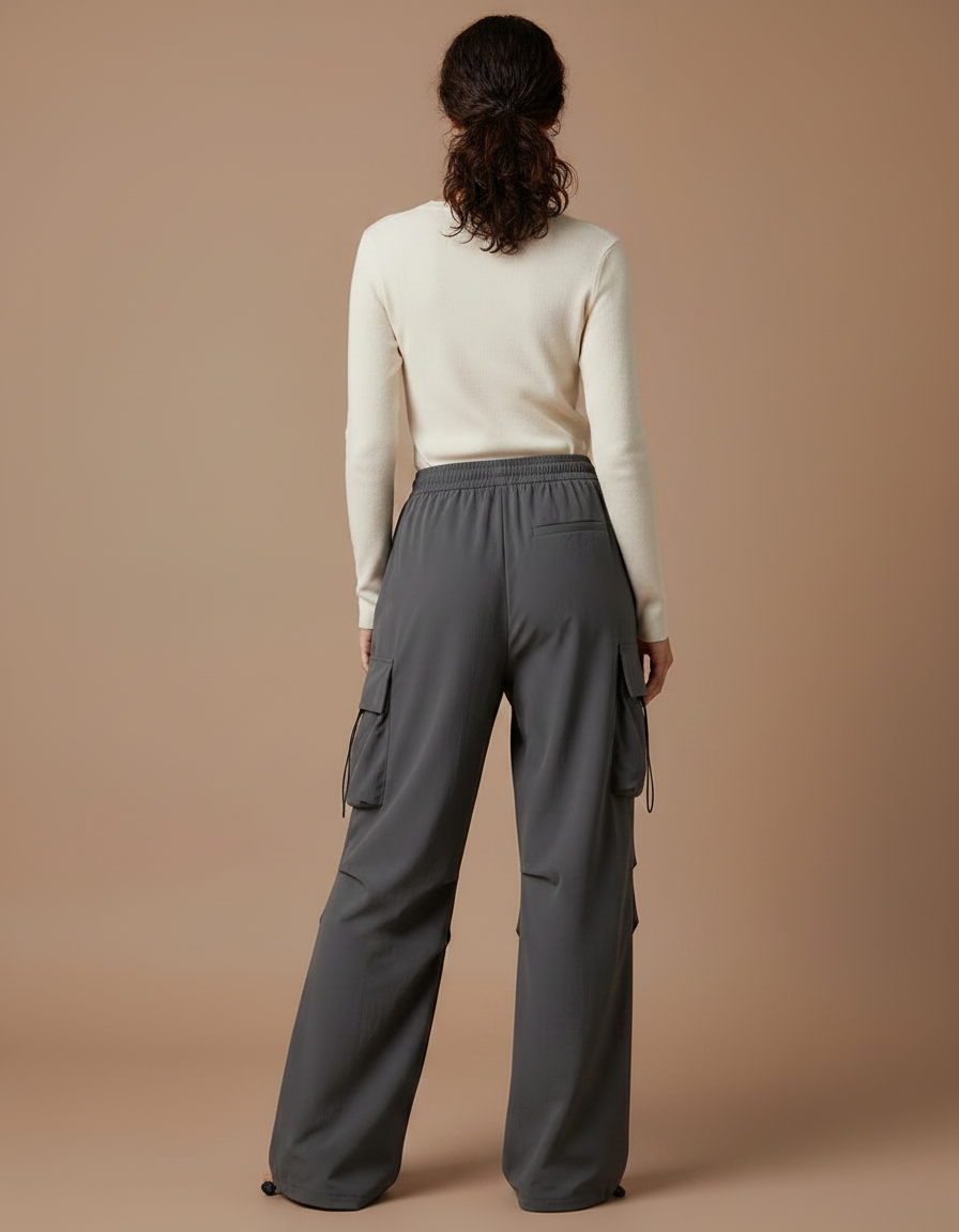 Pantalon Gris Cargo Ample Femme Taille Haute - Polyester - vue 2