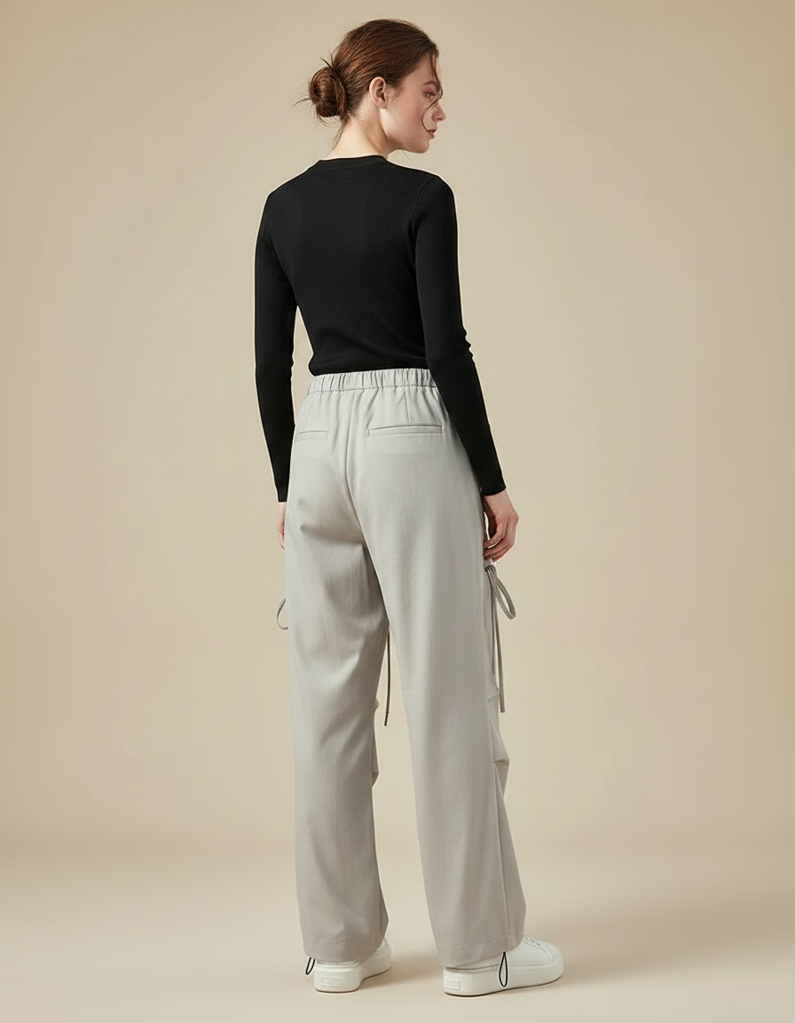 Pantalon Gris Cargo Ample Cordon Décontracté Femme - Polyester - vue 2