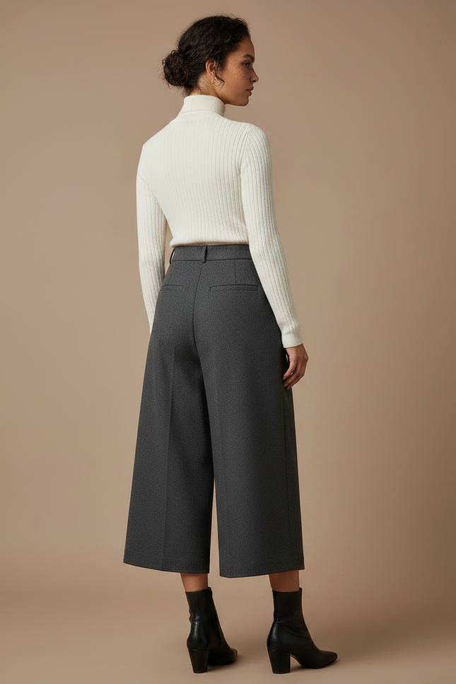 Pantalon Gris Plissé Ample Taille Haute Élégant - Laine - vue 2