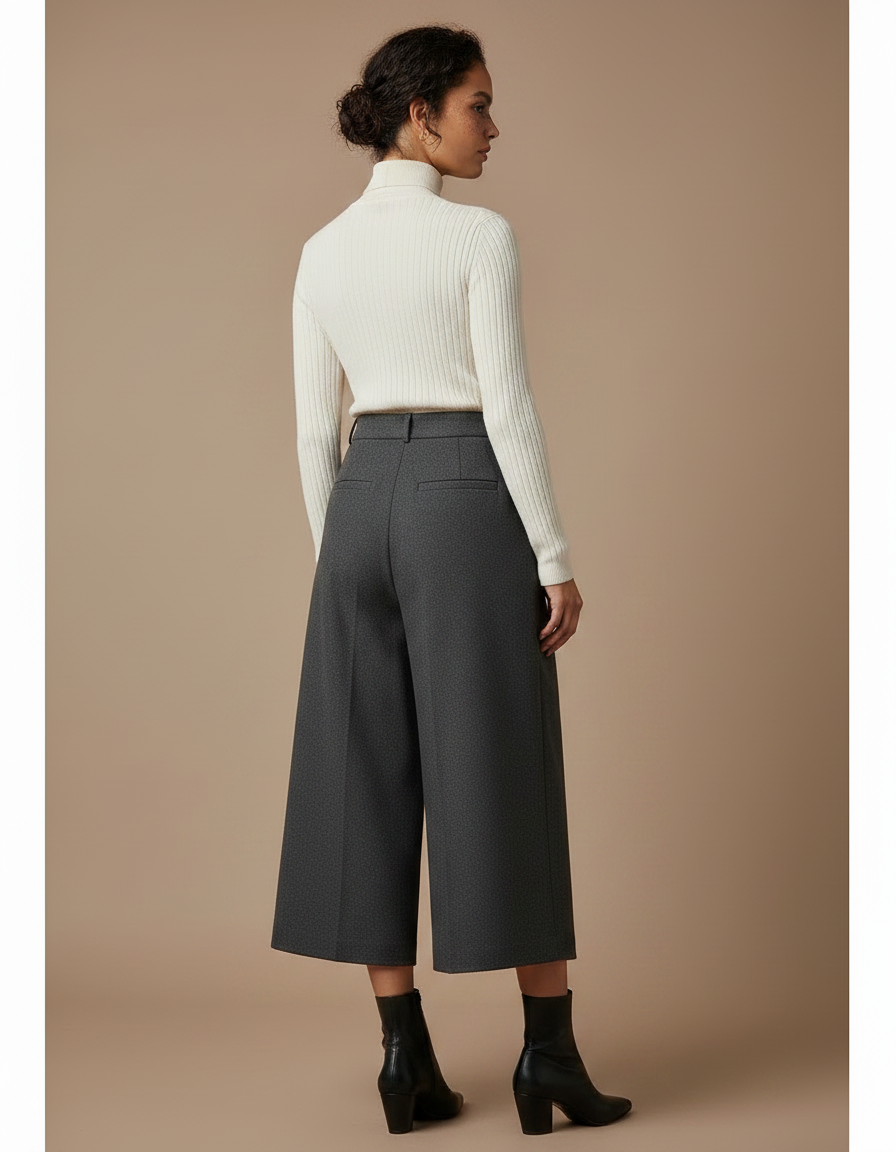 Pantalon Gris Plissé Ample Taille Haute Élégant - Laine - vue 2