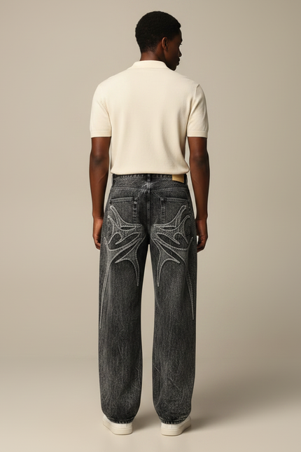 Pantalon Gris Jean Ample Brodé Spider Y2K - vue 2