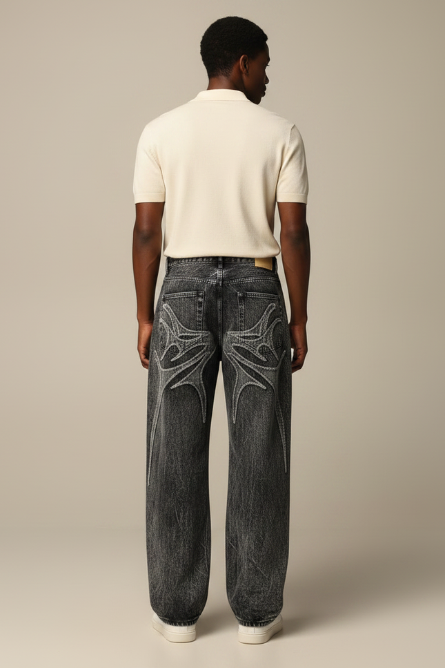 Pantalon Gris Jean Ample Brodé Spider Y2K - vue 2