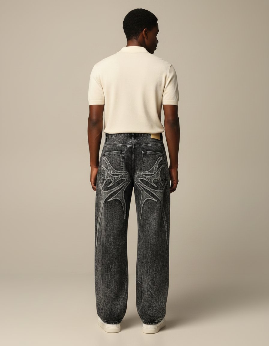 Pantalon Gris Jean Ample Brodé Spider Y2K - vue 2