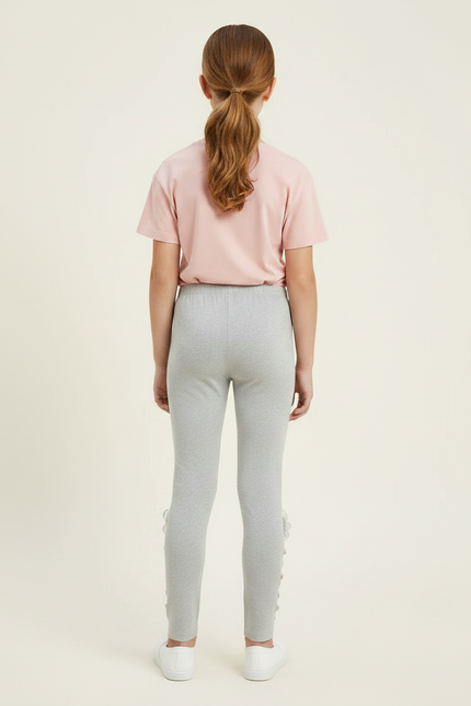Pantalon Gris Legging Fillette Brodé Fleurs - Maille - vue 2