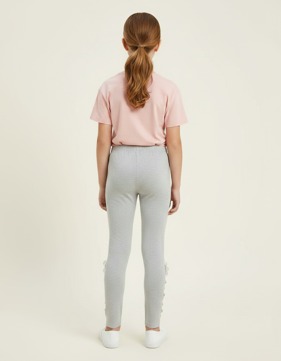 Pantalon Gris Legging Fillette Brodé Fleurs - Maille - vue 2