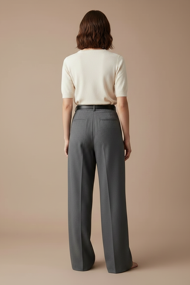 Pantalon Gris Droit Ample Plissé Élégant Femme - Gabardine - vue 2