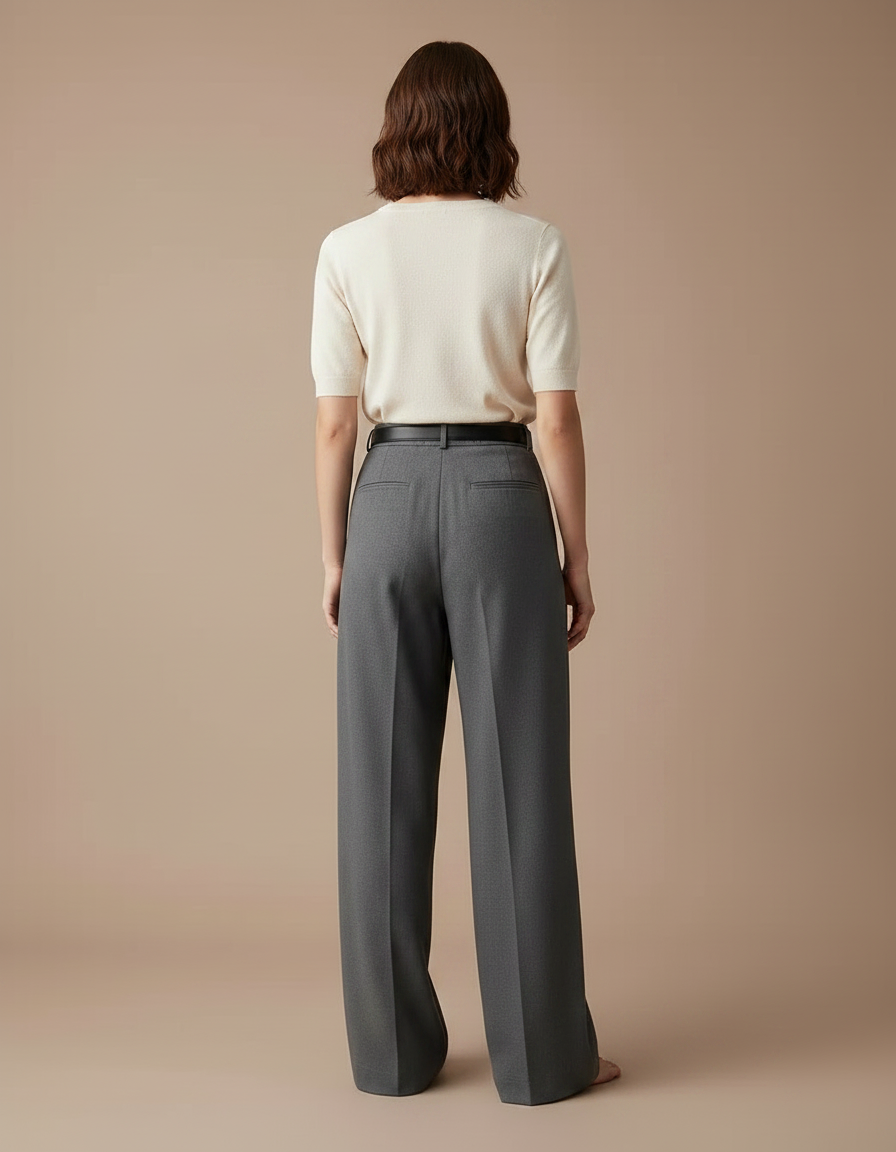 Pantalon Gris Droit Ample Plissé Élégant Femme - Gabardine - vue 2