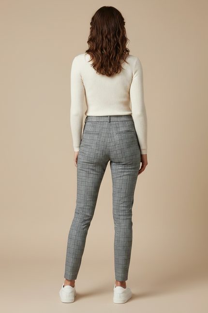 Pantalon Gris À Carreaux Slim Élégant Femme - Laine - vue 2