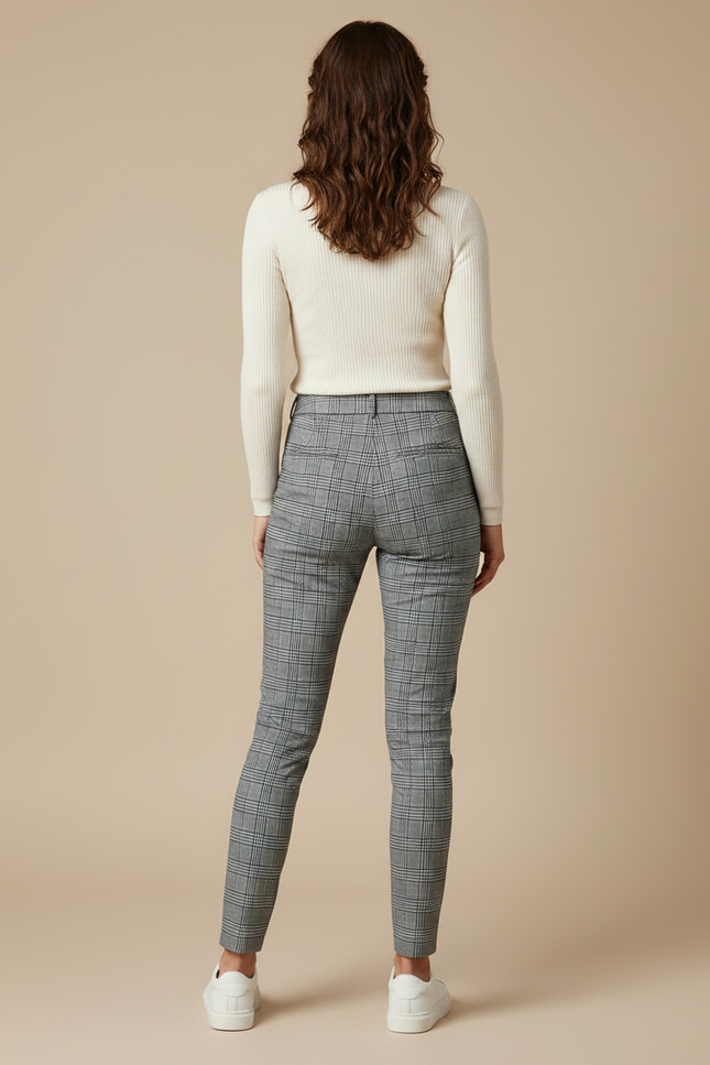 Pantalon Gris À Carreaux Slim Élégant Femme - Laine - vue 2