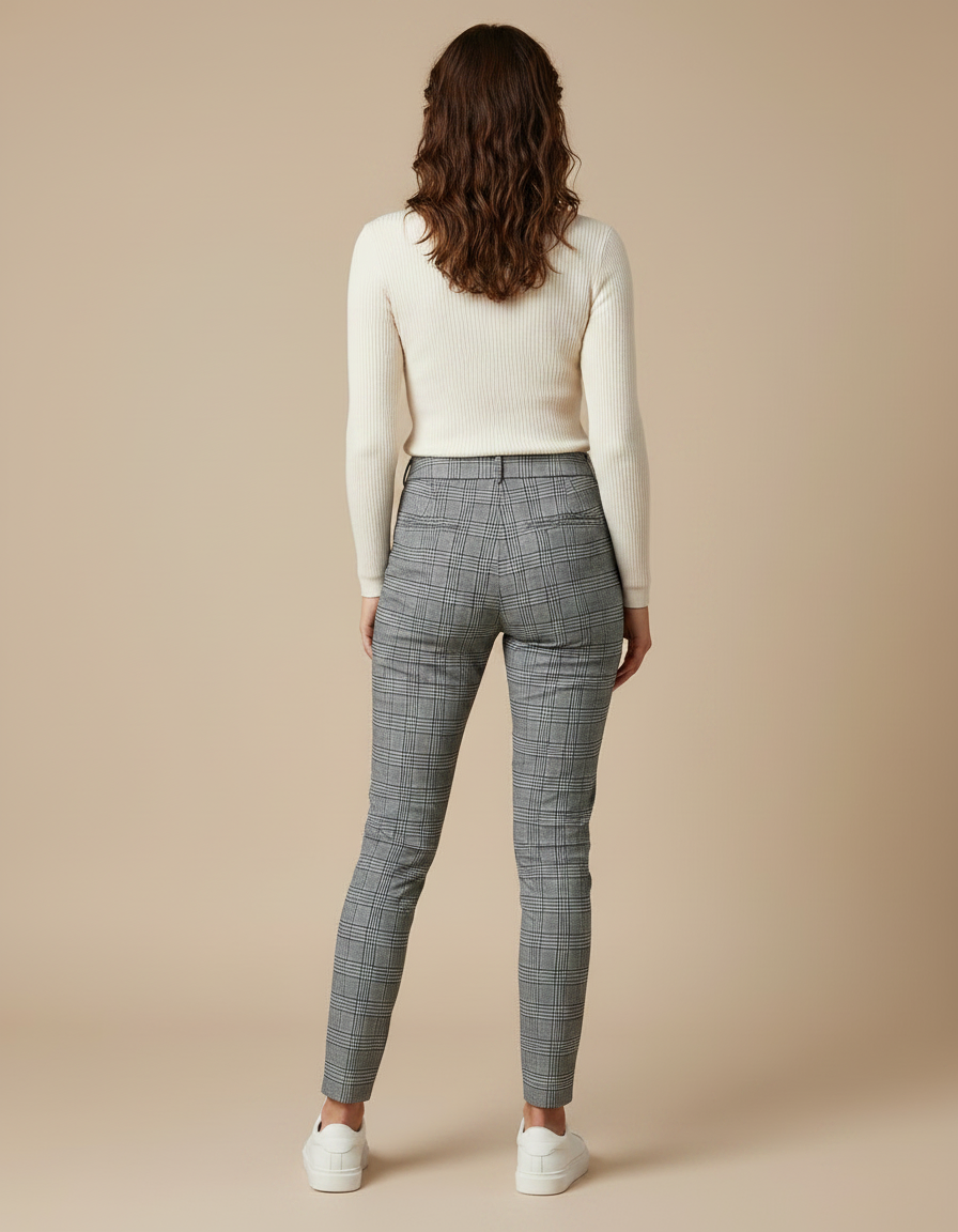 Pantalon Gris À Carreaux Slim Élégant Femme - Laine - vue 2