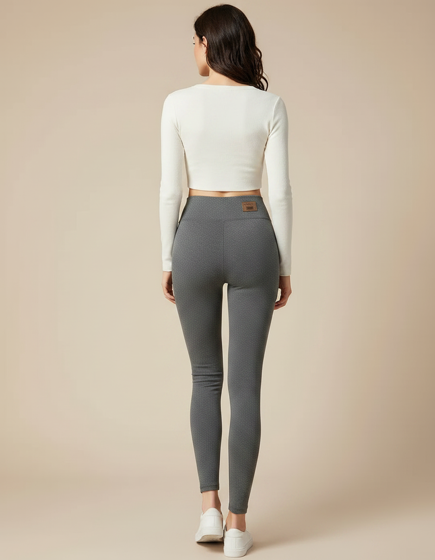 Pantalon Gris Coton Imprimé Taille Haute Moulant Femme - Maille - vue 2
