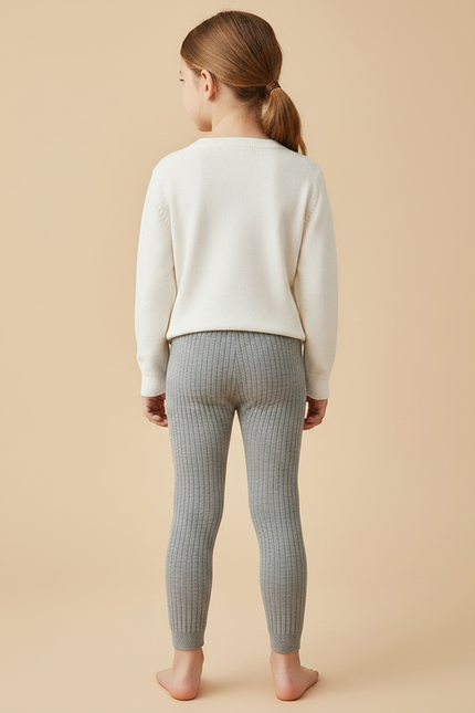 Pantalon Gris Côtelé Tricoté Extensible Enfant Fille - Maille - vue 2