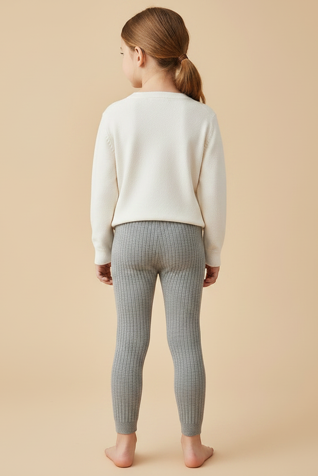 Pantalon Gris Côtelé Tricoté Extensible Enfant Fille - Maille - vue 2