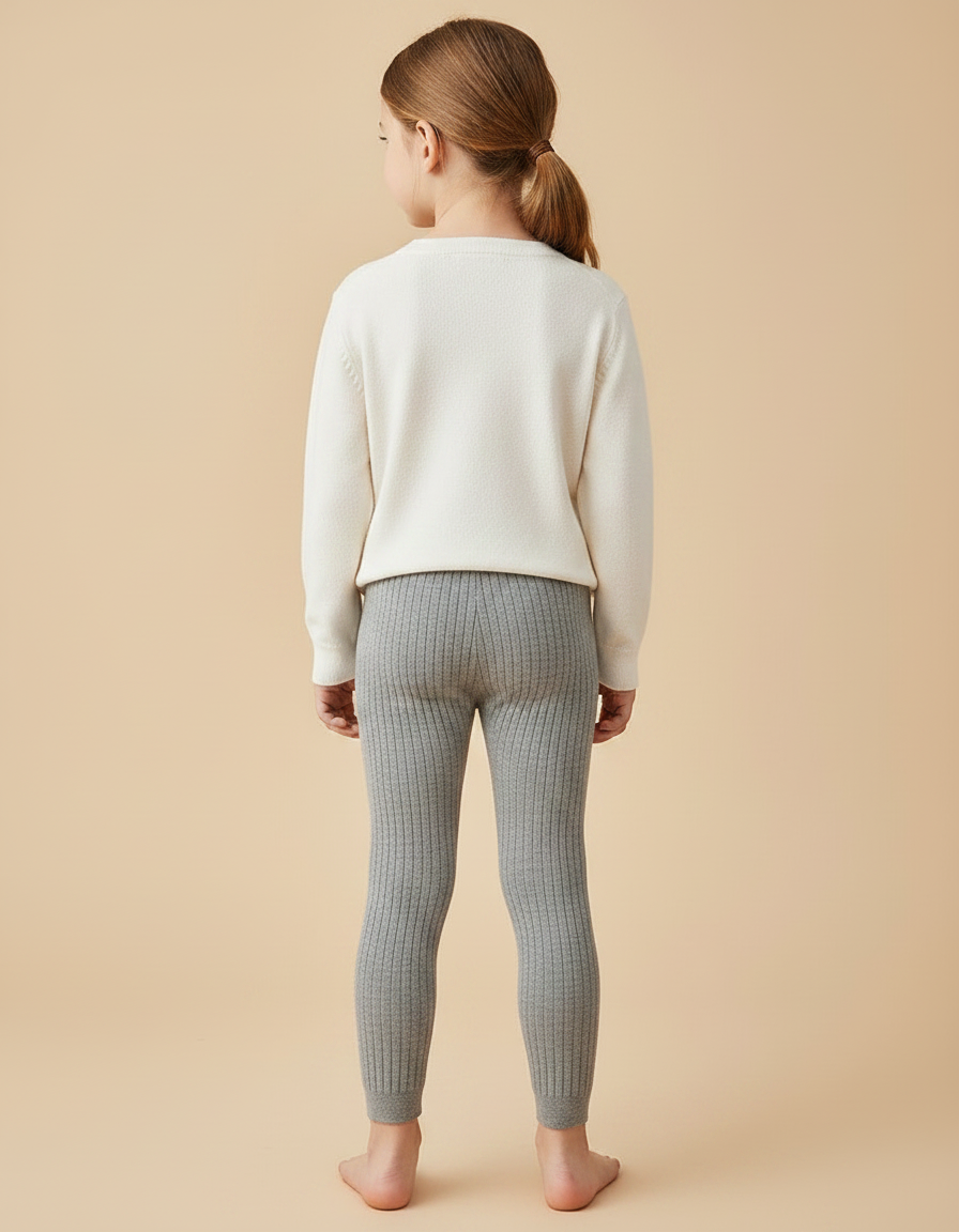 Pantalon Gris Côtelé Tricoté Extensible Enfant Fille - Maille - vue 2
