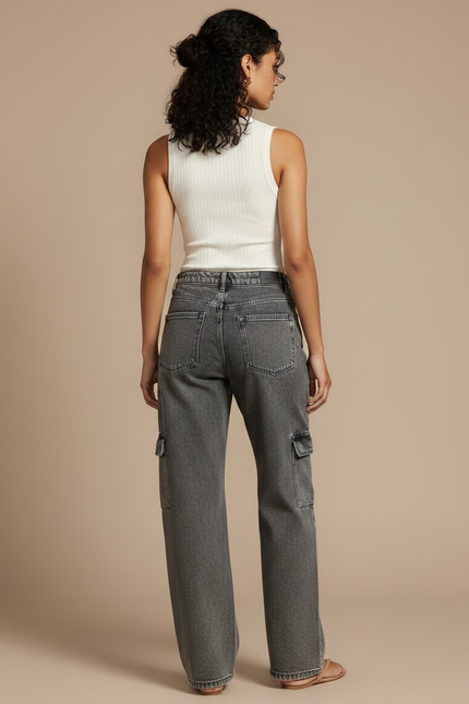 Pantalon Gris Cargo Taille Haute Ample Femme Y2K - Jean - vue 2