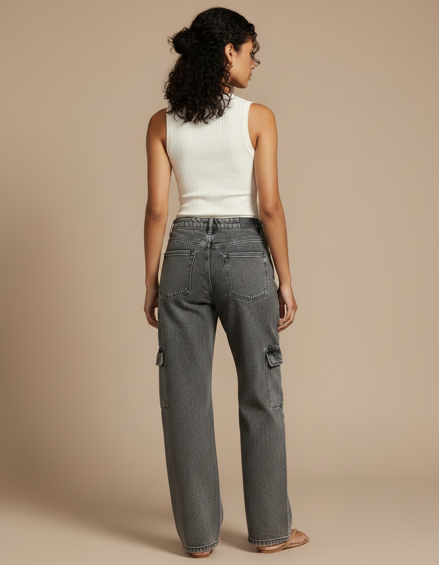 Pantalon Gris Cargo Taille Haute Ample Femme Y2K - Jean - vue 2