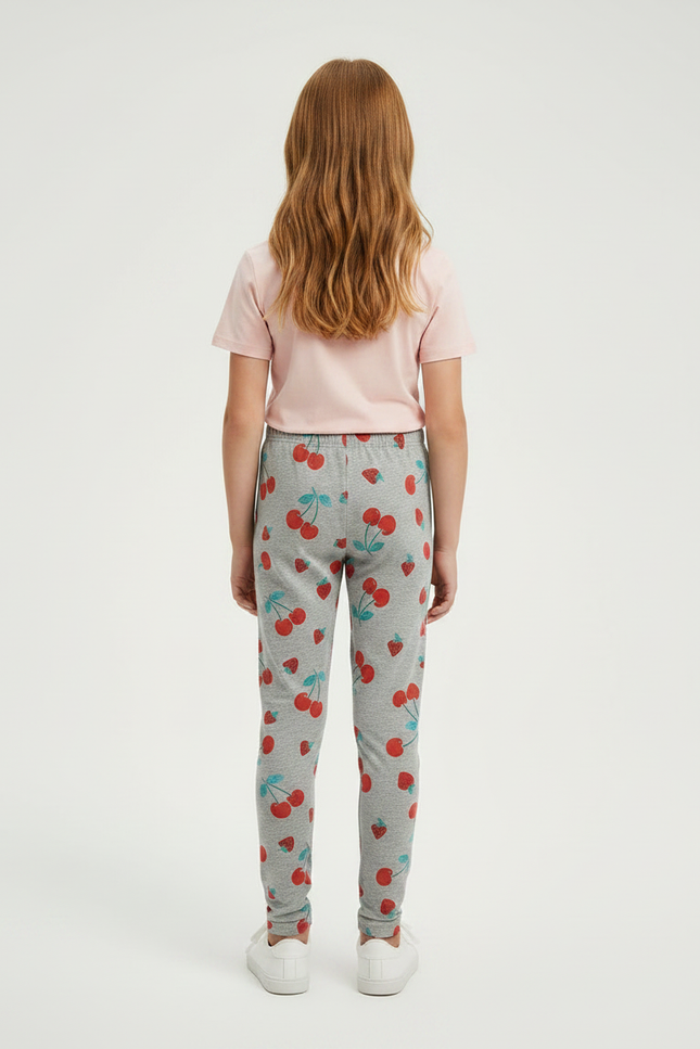 Pantalon Gris Fille Coton Extensible Imprimé Cerises - vue 2
