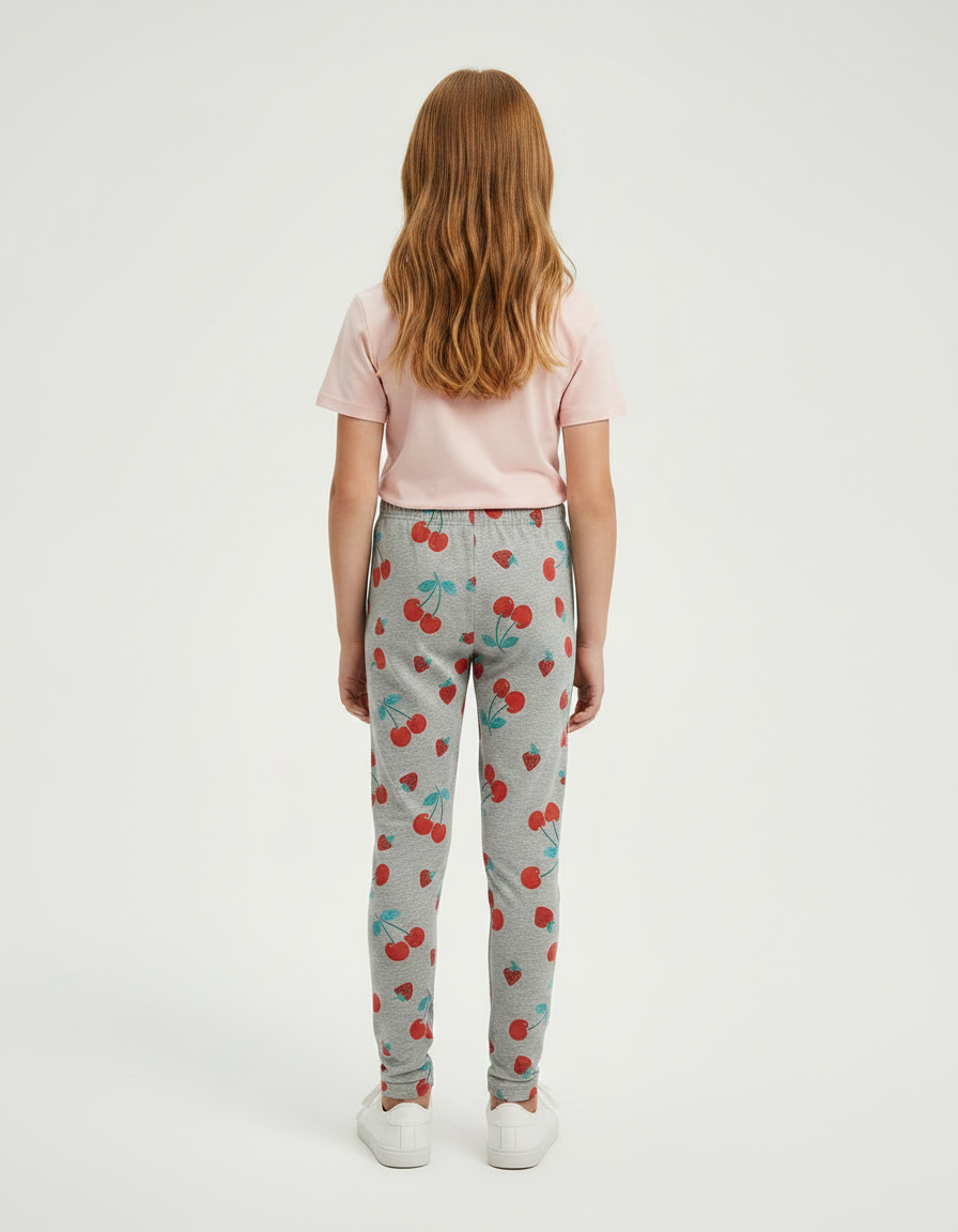 Pantalon Gris Fille Coton Extensible Imprimé Cerises - vue 2