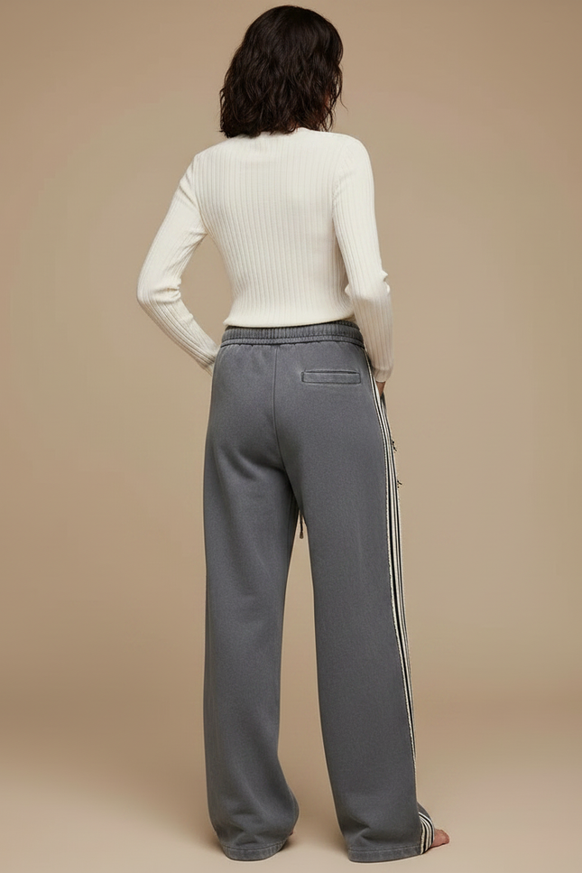Pantalon Gris Ample, Coton, Rayures, Décontracté, Femme - Molleton - vue 2