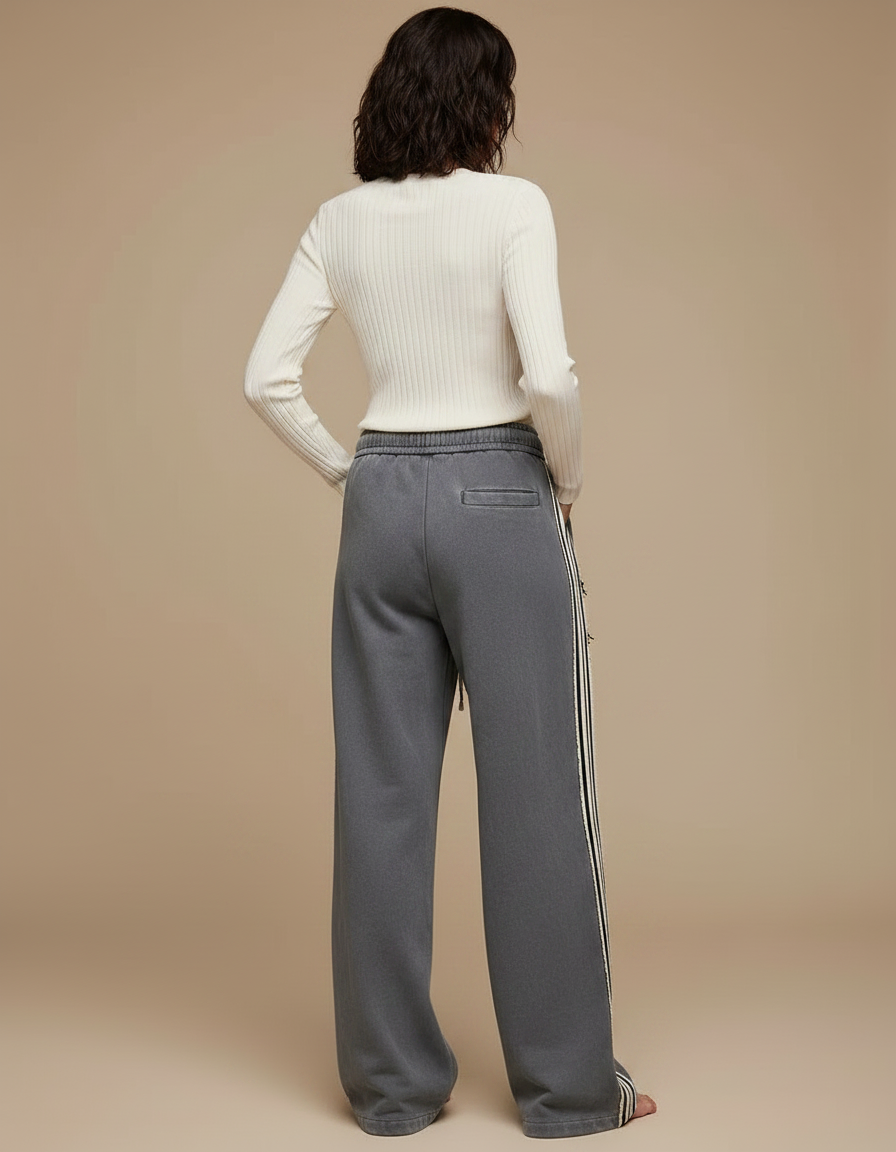 Pantalon Gris Ample, Coton, Rayures, Décontracté, Femme - Molleton - vue 2