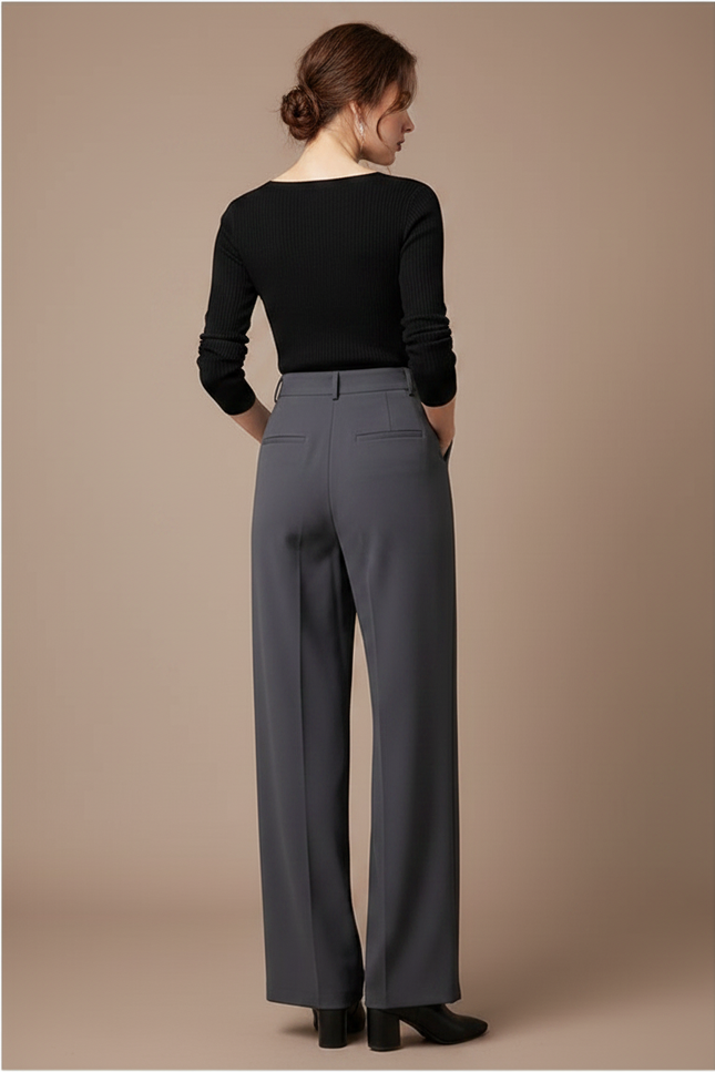 Pantalon Gris Large Fluide Taille Haute Élégant Femme - Polyester - vue 2