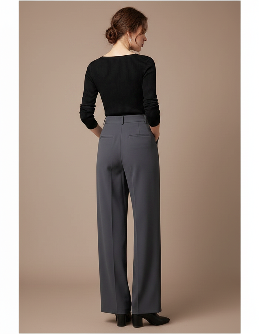 Pantalon Gris Large Fluide Taille Haute Élégant Femme - Polyester - vue 2