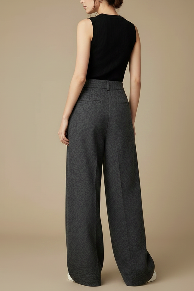 Pantalon Gris Large Plissé Taille Haute Élégant - Laine - vue 2