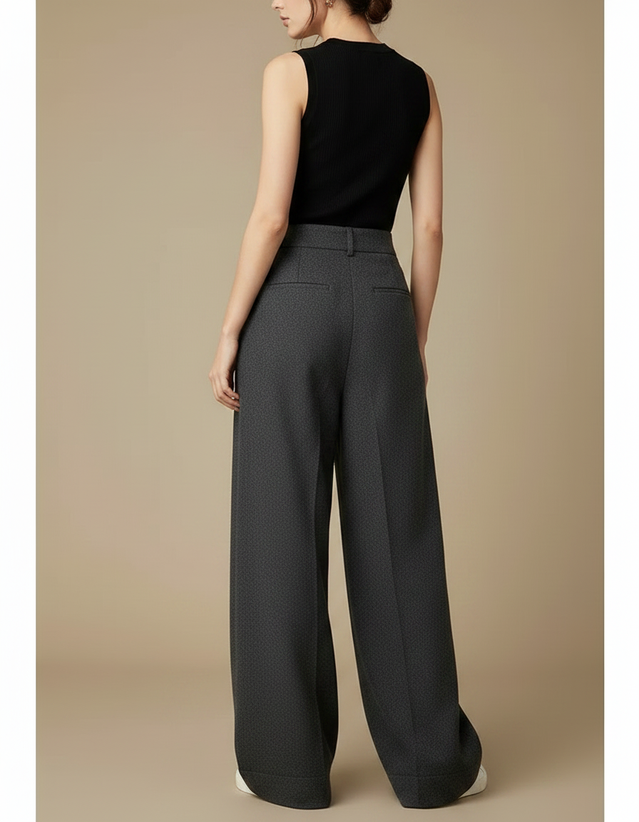 Pantalon Gris Large Plissé Taille Haute Élégant - Laine - vue 2